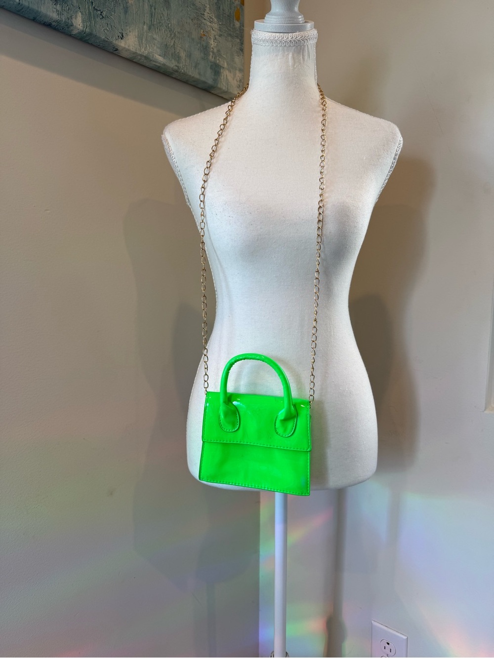 Neon Green Mini Crossbody Bag with Gold Chain